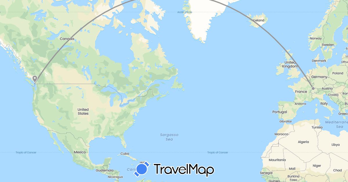TravelMap itinerary: driving, plane in Canada, Switzerland (Europe, North America)